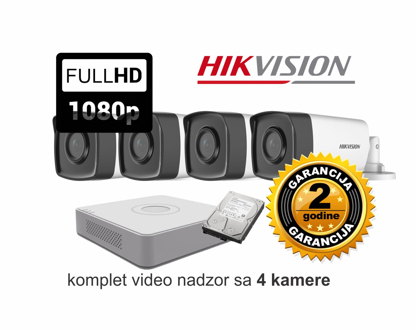 hikvision 4 kamere velike 550 KM Video nadzor HikVision komplet sa 4 kamere 2 MPX - Slika 1