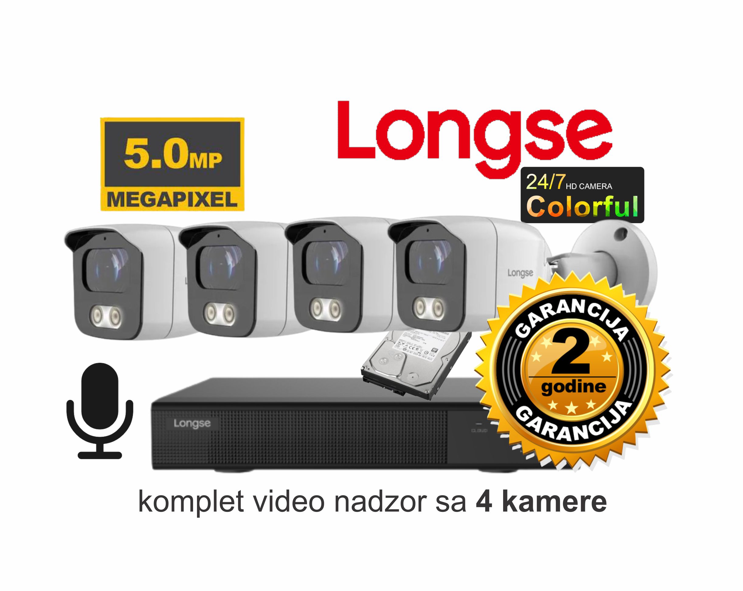 Longse set 5 MPX full color Video nadzor Longse komplet sa 4 kamere 5 MPX FULL Color sa mikrofonom IP sistem - Slika 1