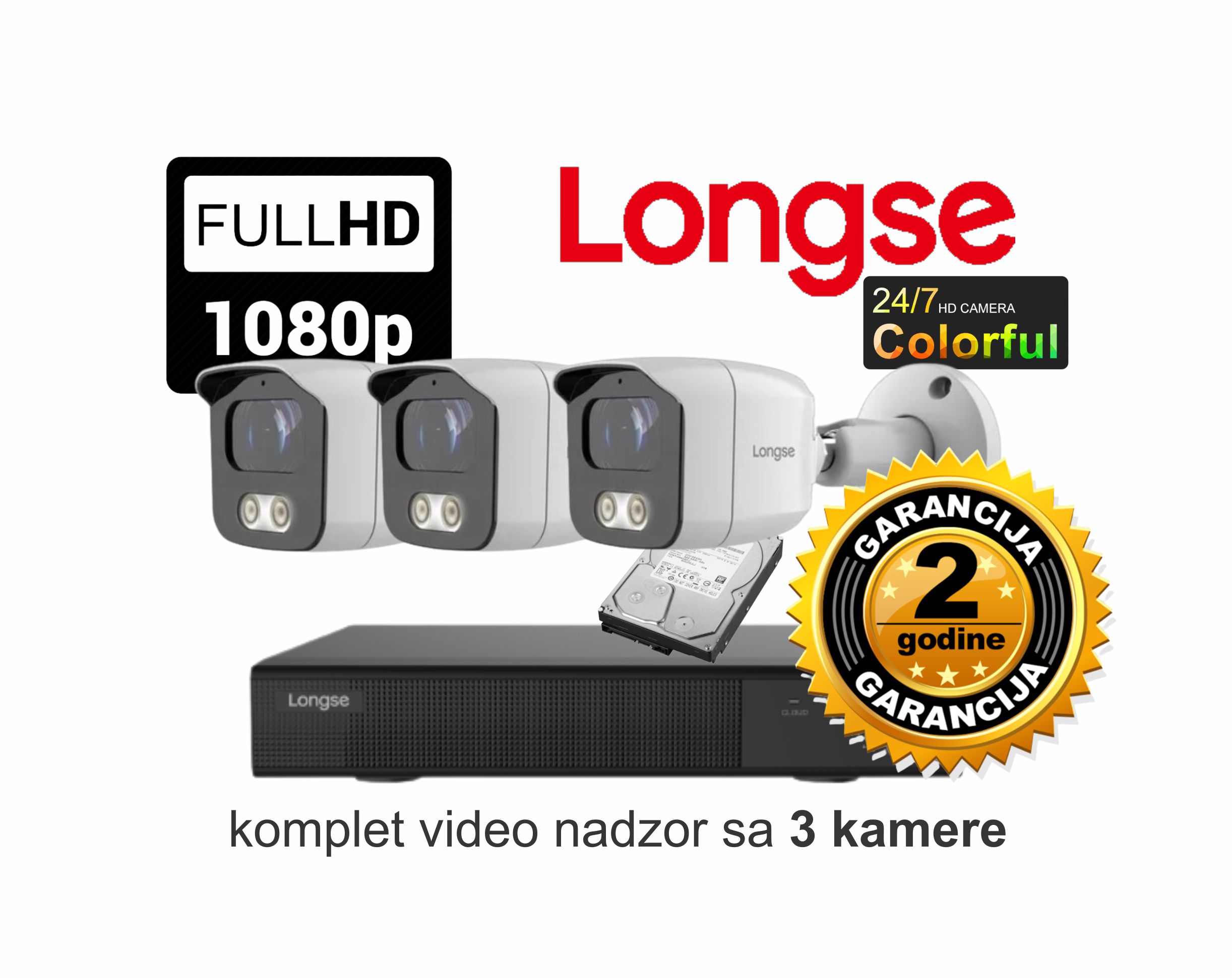 longse full color ip sa 3 kamere Video nadzor Longse komplet sa 3 kamere 2 MPX FULL Color IP sistem - Slika 1